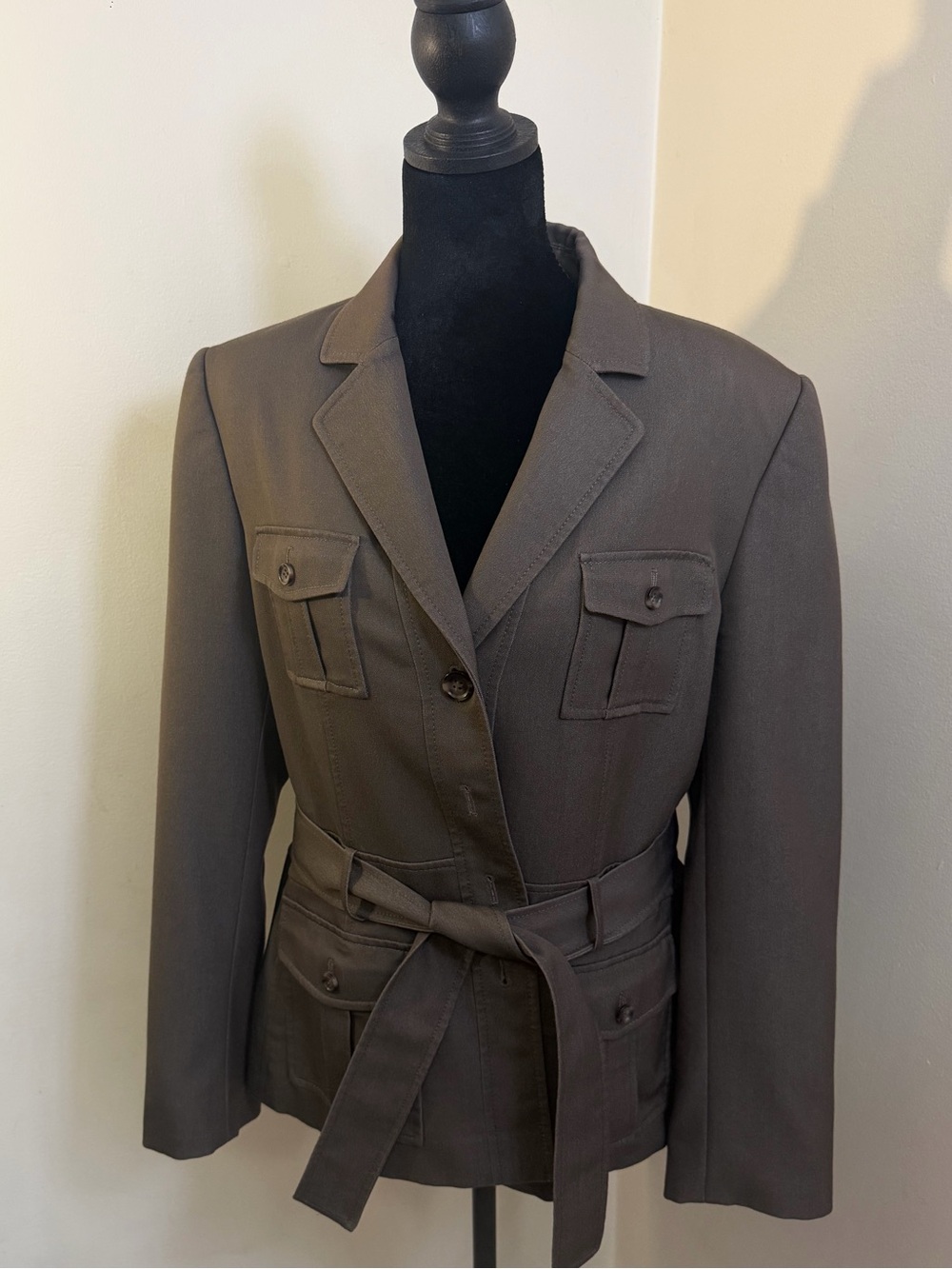 Tahari Taupe Belted Military Blazer Jacket